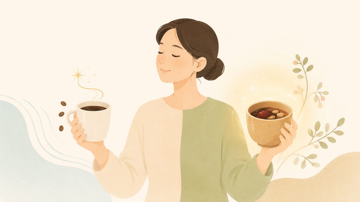 한 손에 커피잔, 다른 손에 약재가 담긴 한약 사발을 든 사람을 그린 일러스트