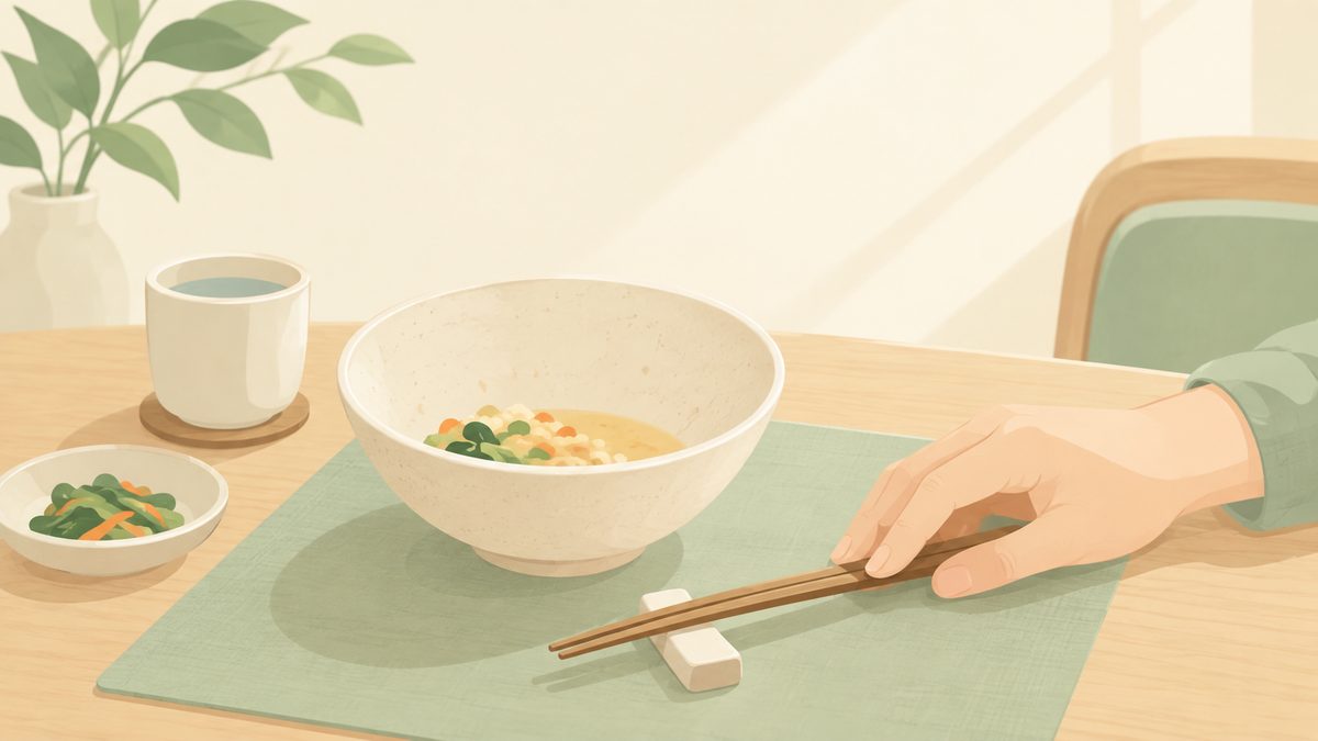반쯤 비운 밥그릇 옆 젓가락 받침에 젓가락을 내려놓는 손을 그린 파스텔 톤 일러스트