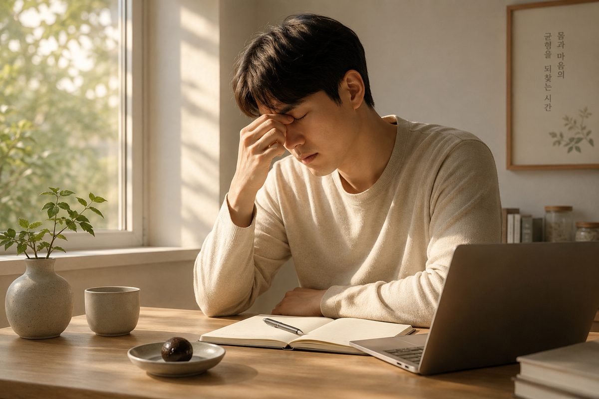 아침 책상 앞에서 피로를 느끼는 사람과 공진단