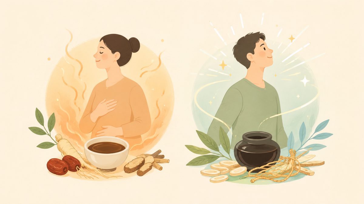 따뜻한 기운에 감싸인 사람과 홍삼 약재, 활력이 깨어나는 사람과 공진단 약재를 나란히 그린 일러스트