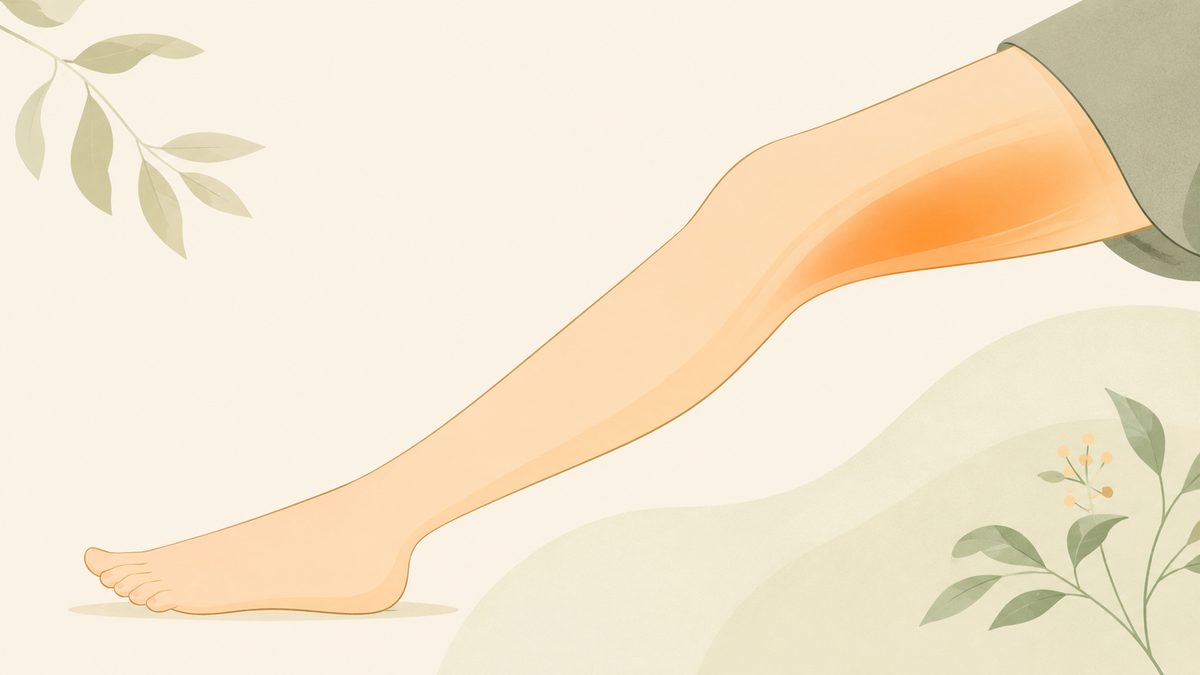 무릎을 곧게 편 다리에서 허벅지 뒤 근육이 강조된 파스텔 톤 일러스트, 무릎 통증과 햄스트링