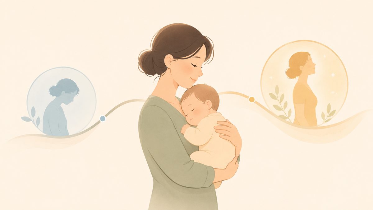 아기를 안은 어머니와 지난 시기와 지금을 잇는 흐름을 표현한 파스텔 톤 일러스트